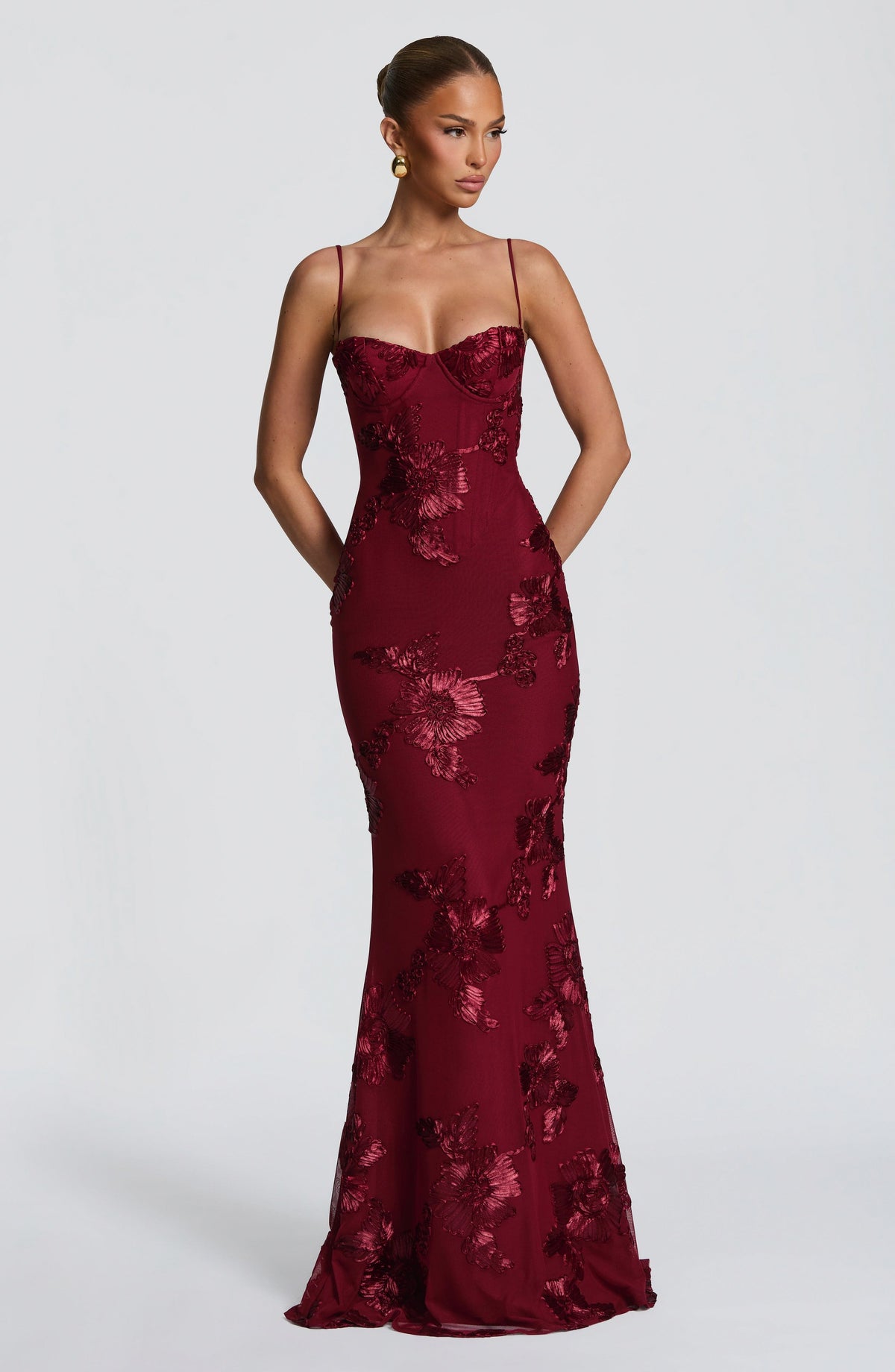 Mesh Corset Floral Applique Maxi Dress