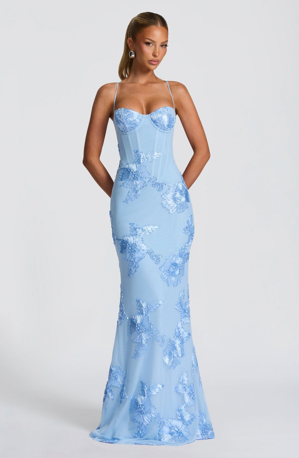 Mesh Corset Floral Applique Maxi Dress