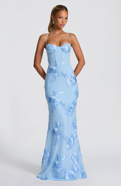 Mesh Corset Floral Applique Maxi Dress