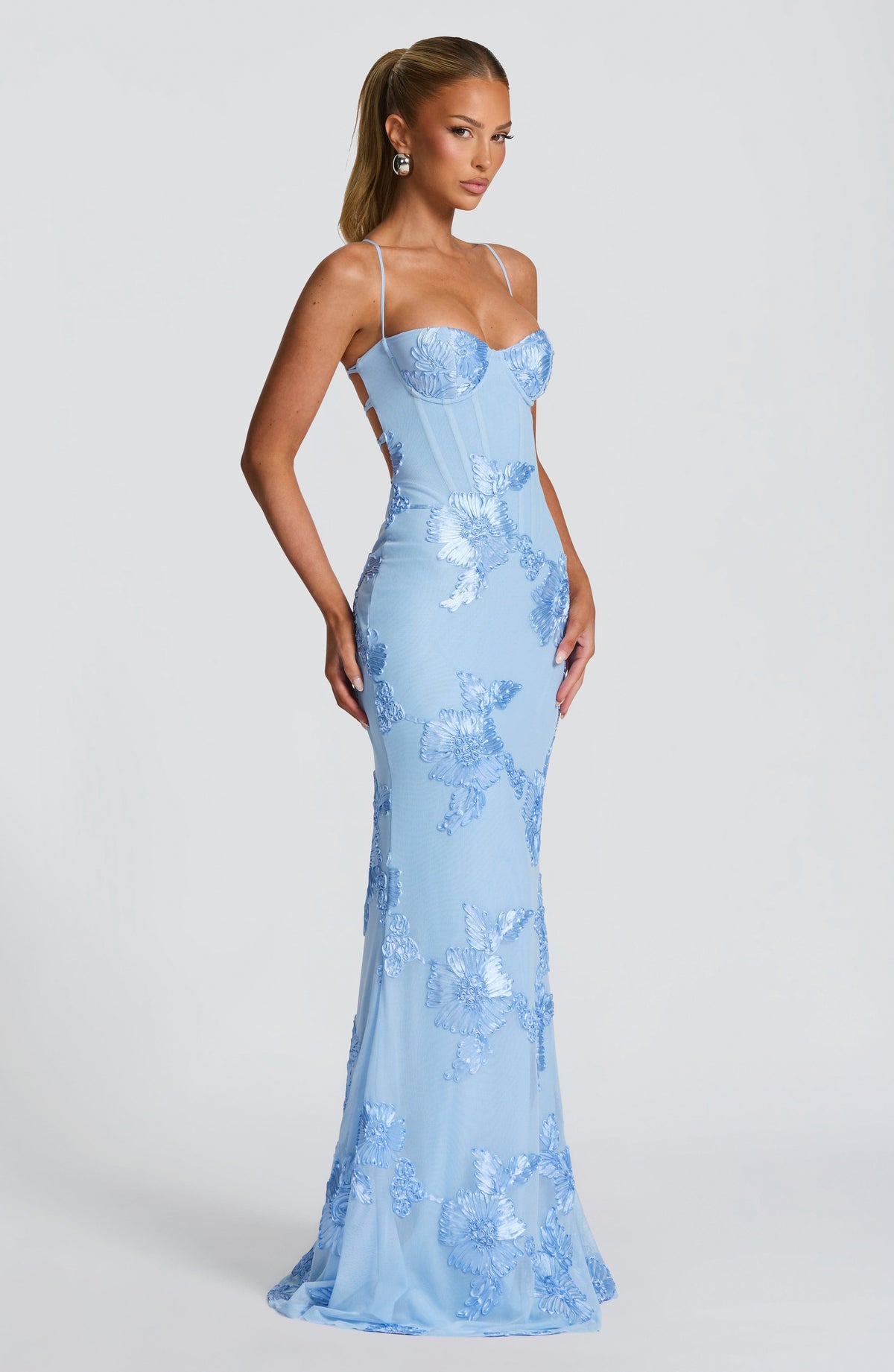 Mesh Corset Floral Applique Maxi Dress