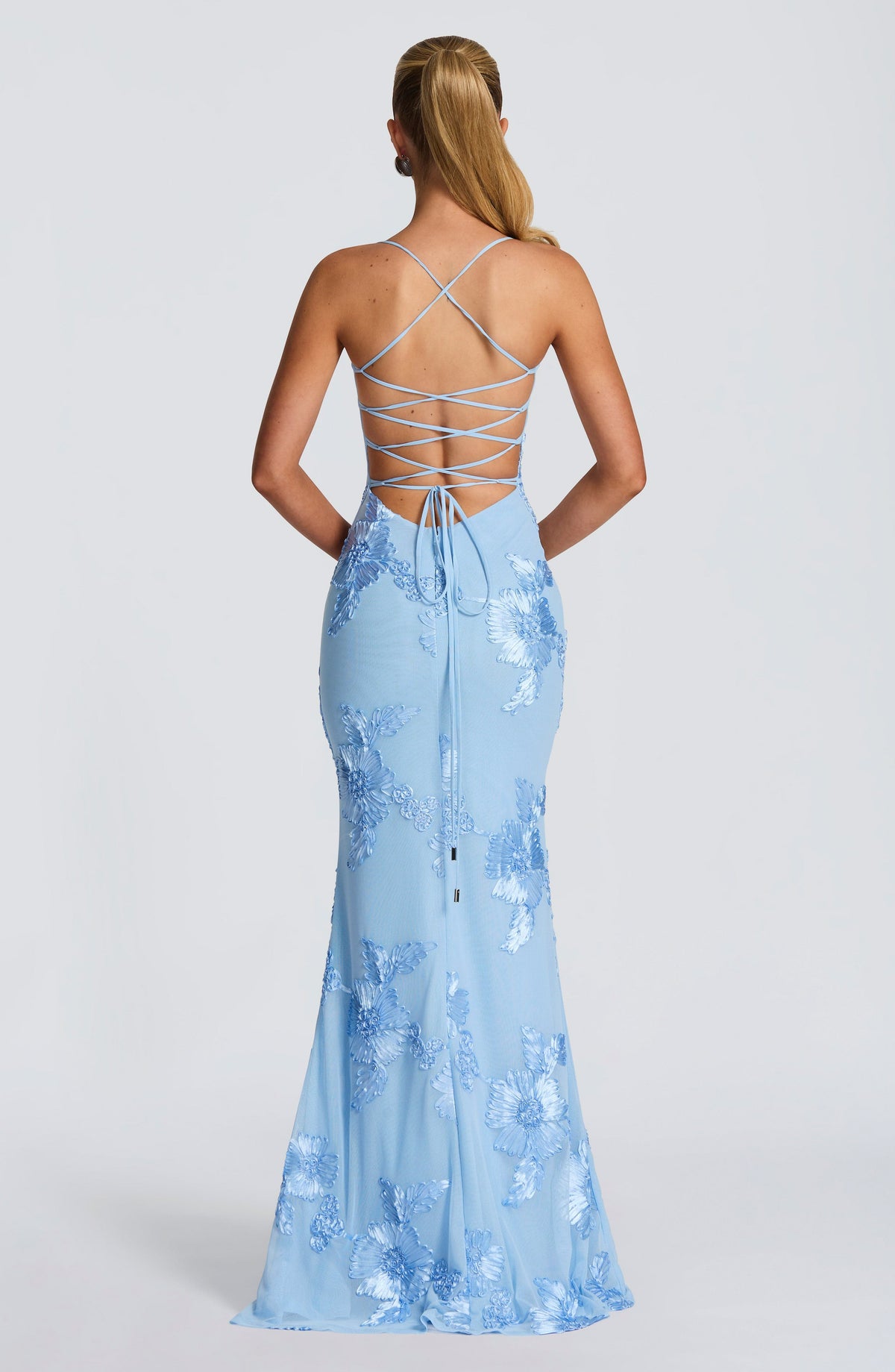 Mesh Corset Floral Applique Maxi Dress