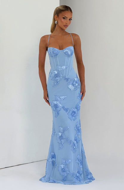 Mesh Corset Floral Applique Maxi Dress