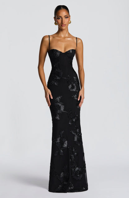Mesh Corset Floral Applique Maxi Dress