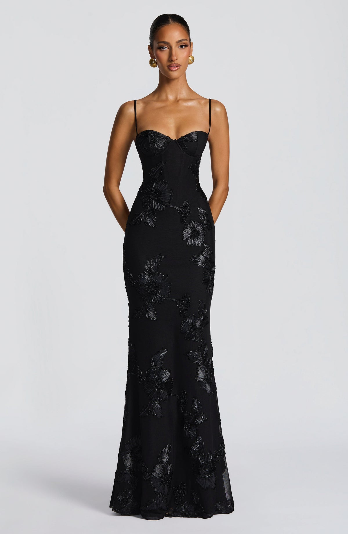 Mesh Corset Floral Applique Maxi Dress