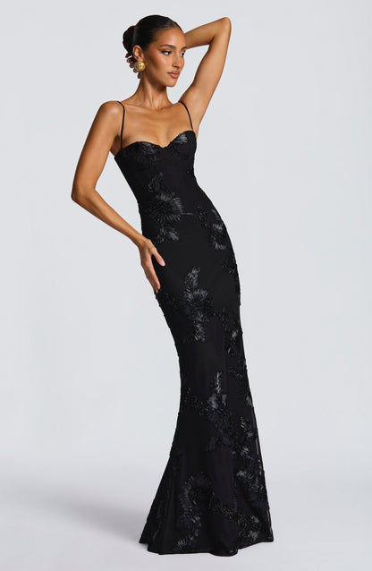 Mesh Corset Floral Applique Maxi Dress