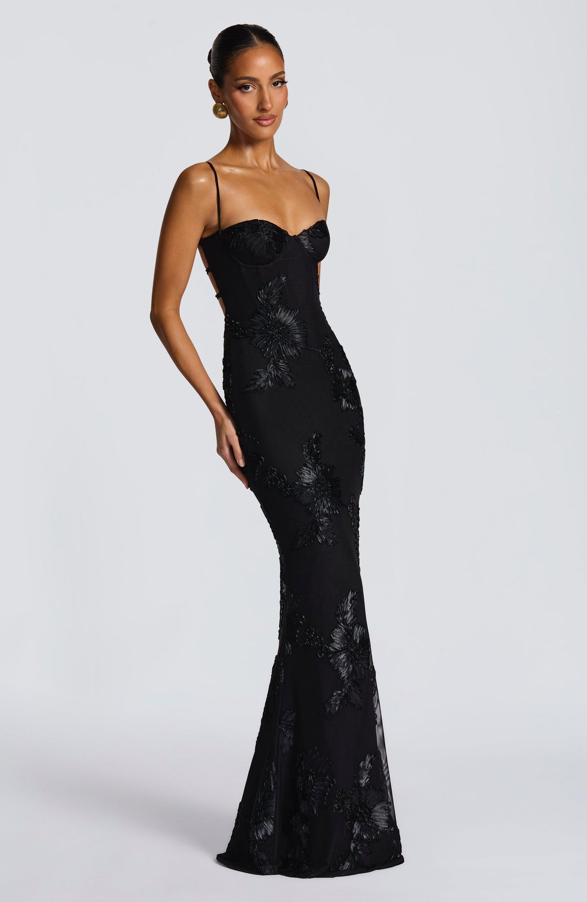 Mesh Corset Floral Applique Maxi Dress