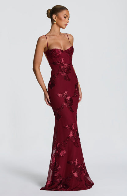 Mesh Corset Floral Applique Maxi Dress