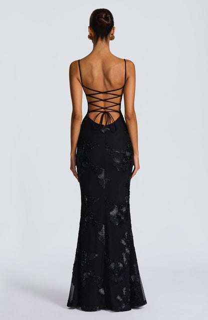 Mesh Corset Floral Applique Maxi Dress