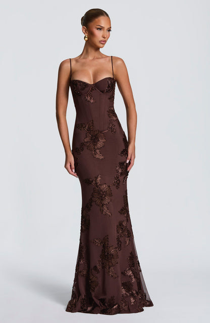 Mesh Corset Floral Applique Maxi Dress