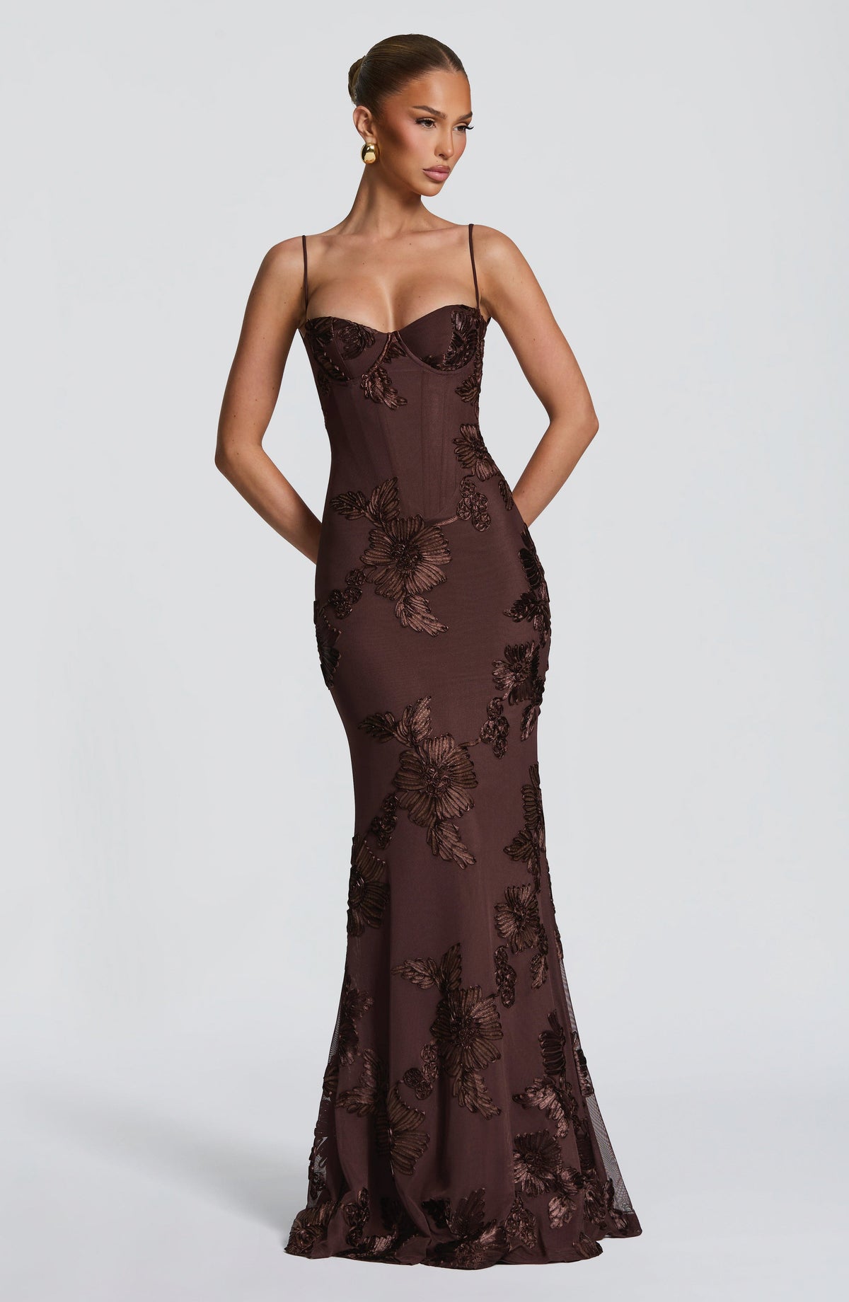 Mesh Corset Floral Applique Maxi Dress
