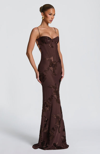 Mesh Corset Floral Applique Maxi Dress