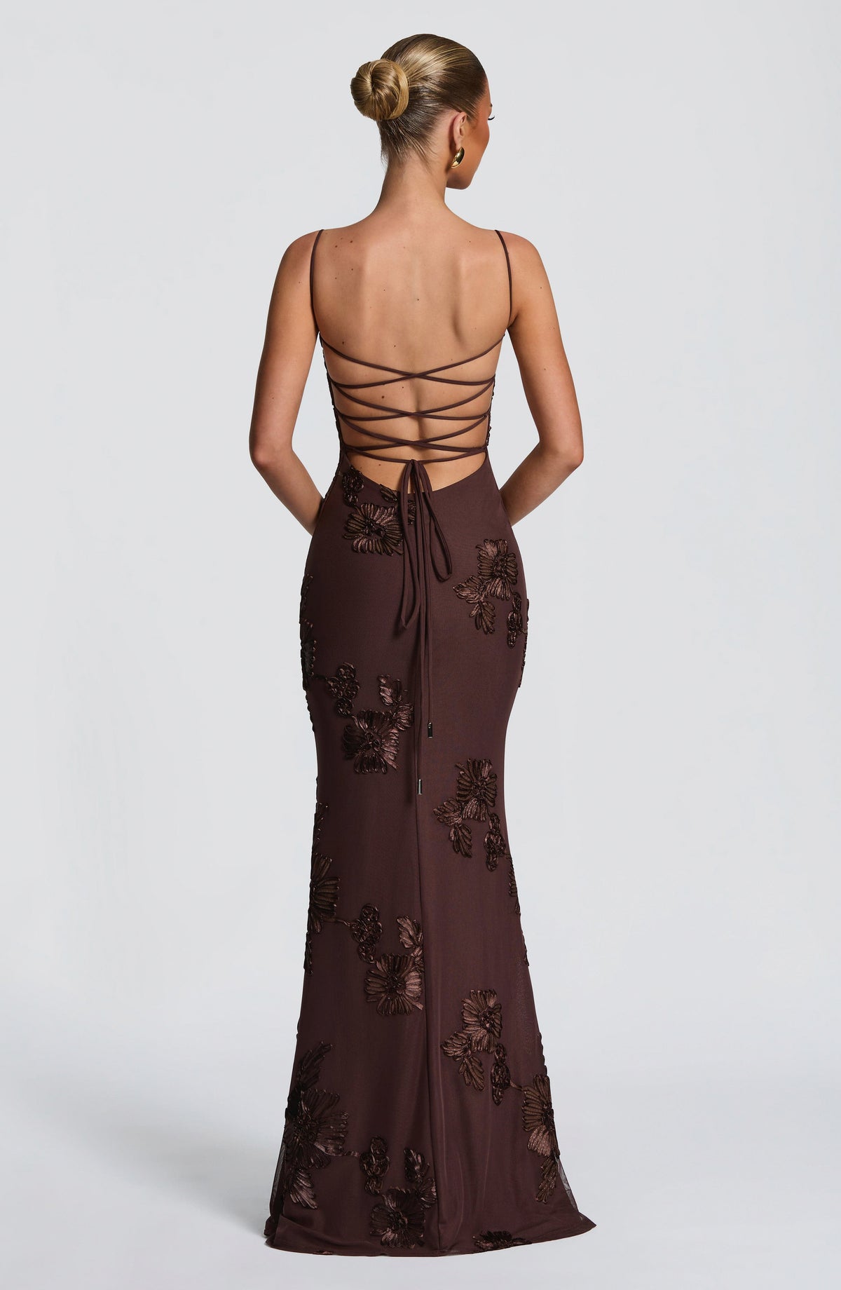 Mesh Corset Floral Applique Maxi Dress