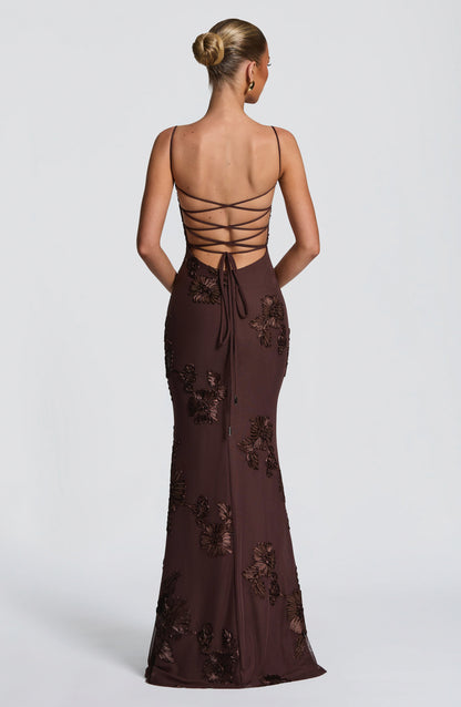 Mesh Corset Floral Applique Maxi Dress