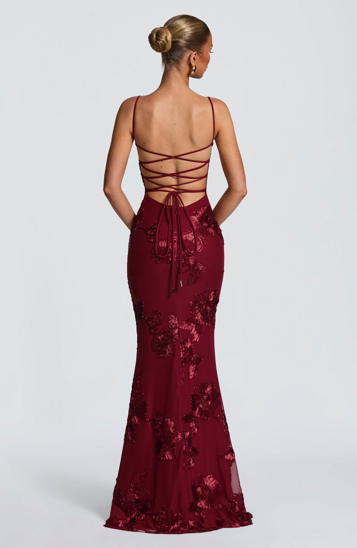 Mesh Corset Floral Applique Maxi Dress