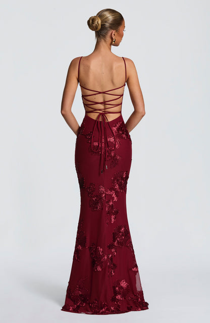 Mesh Corset Floral Applique Maxi Dress