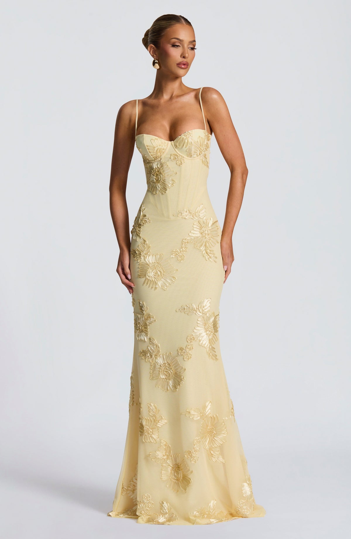 Mesh Corset Floral Applique Maxi Dress