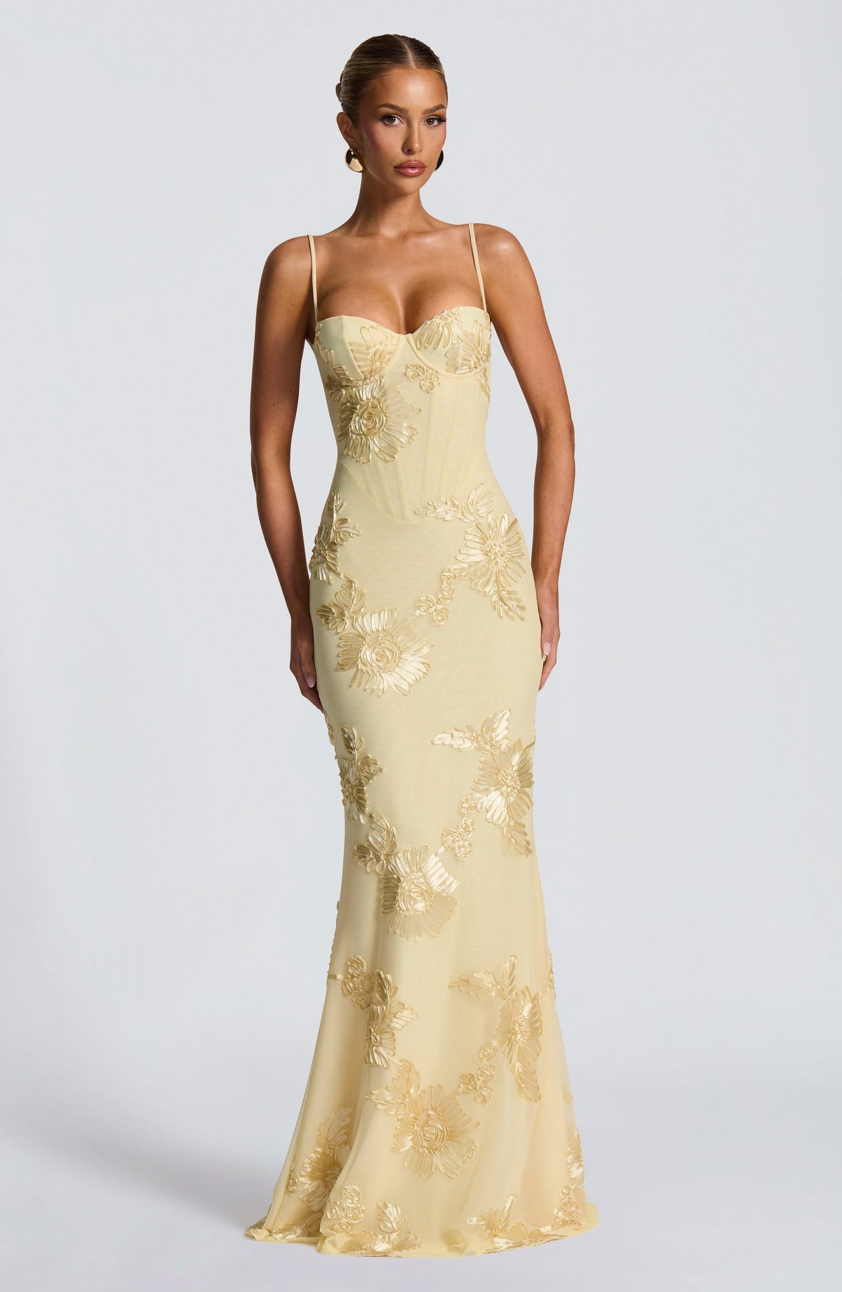 Mesh Corset Floral Applique Maxi Dress