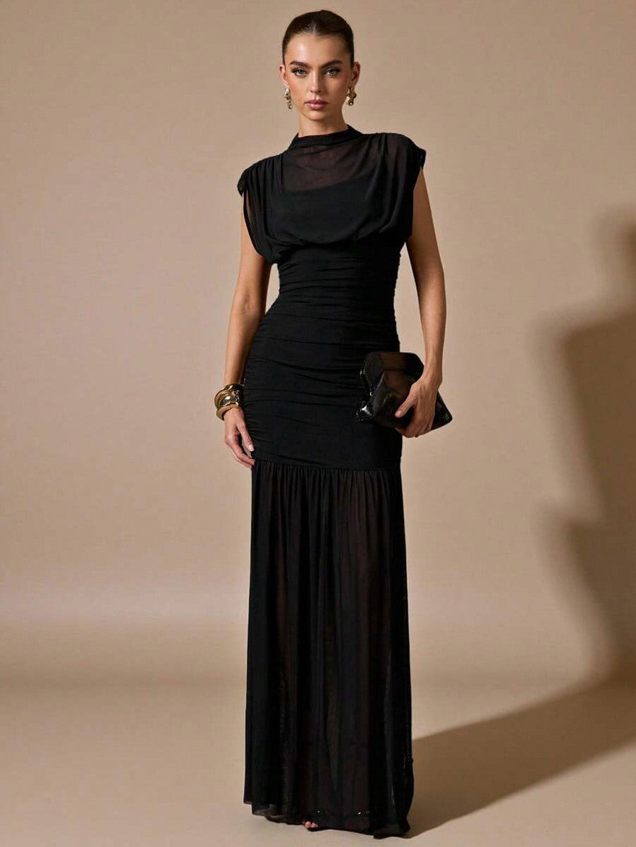 Mesh Cap Sleeve Cowl Ruched Maxi Dress