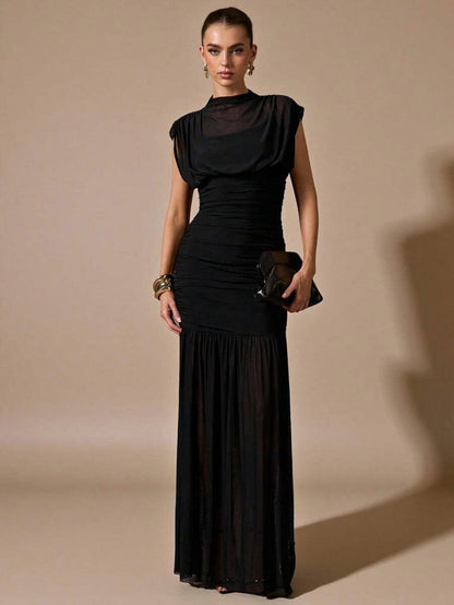 Mesh Cap Sleeve Cowl Ruched Maxi Dress