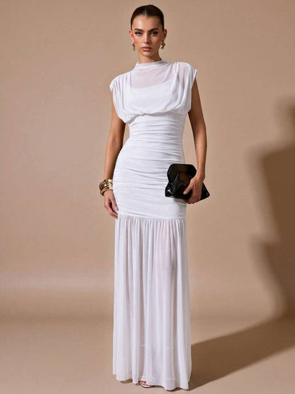 Mesh Cap Sleeve Cowl Ruched Maxi Dress