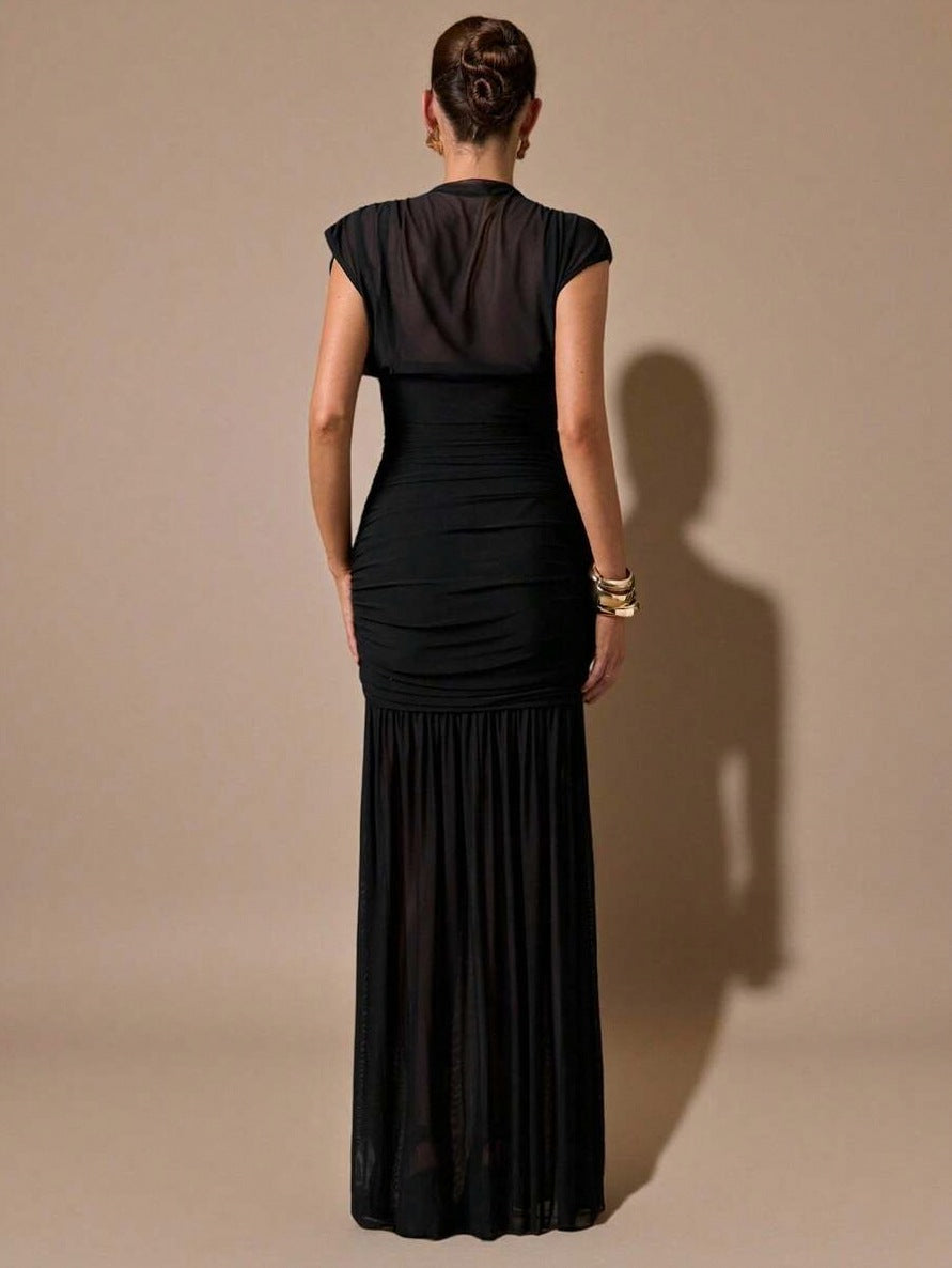 Mesh Cap Sleeve Cowl Ruched Maxi Dress