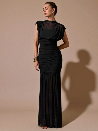 Mesh Cap Sleeve Cowl Ruched Maxi Dress