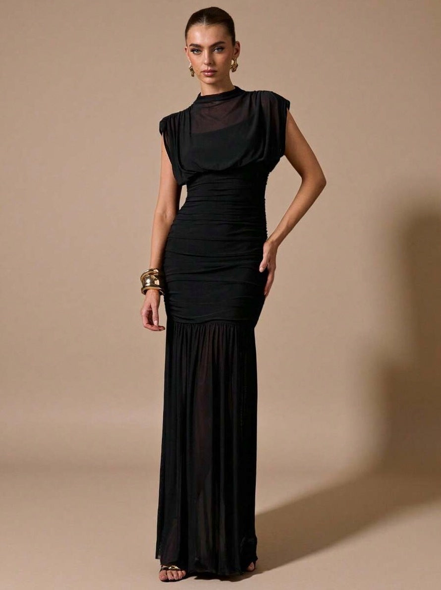 Mesh Cap Sleeve Cowl Ruched Maxi Dress