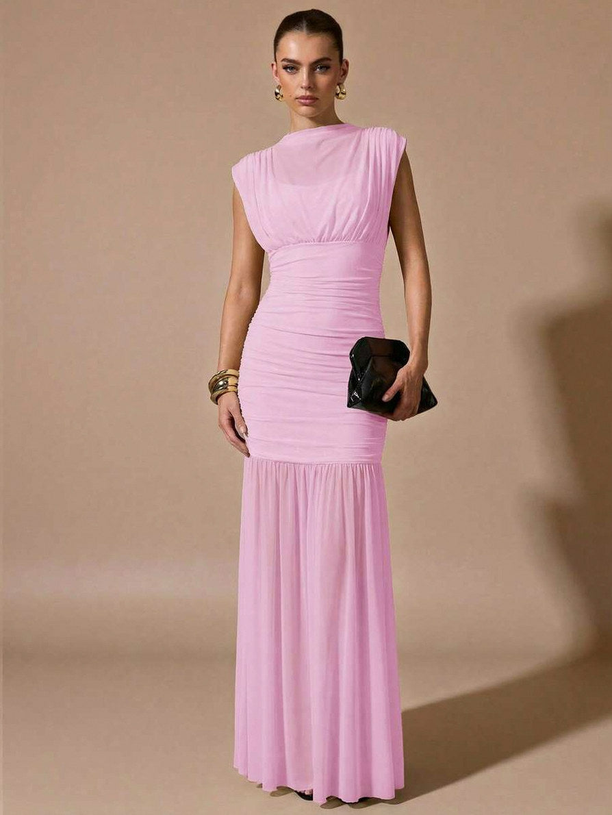 Mesh Cap Sleeve Cowl Ruched Maxi Dress