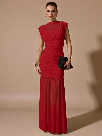 Mesh Cap Sleeve Cowl Ruched Maxi Dress