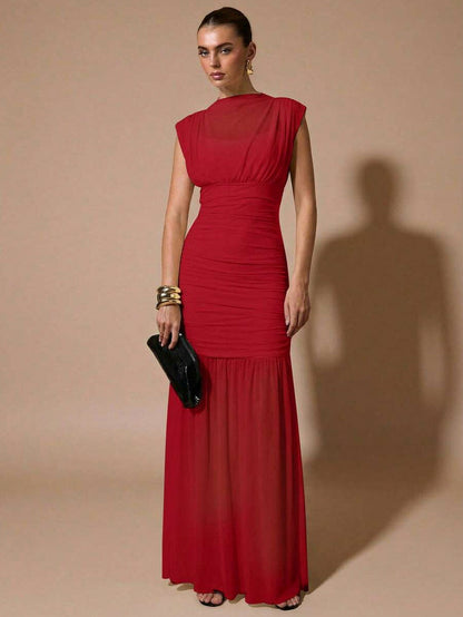 Mesh Cap Sleeve Cowl Ruched Maxi Dress