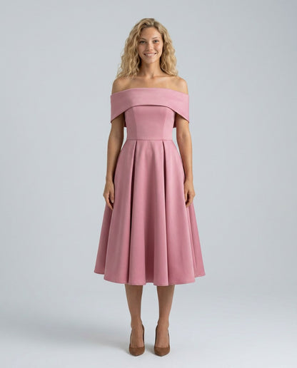 Off Shoulder Pleated Midi Dress
