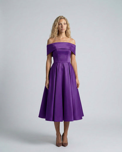 Off Shoulder Pleated Midi Dress