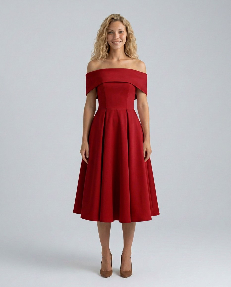 Off Shoulder Pleated Midi Dress