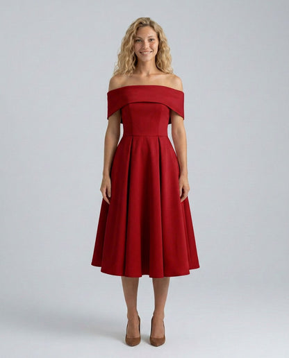 Off Shoulder Pleated Midi Dress