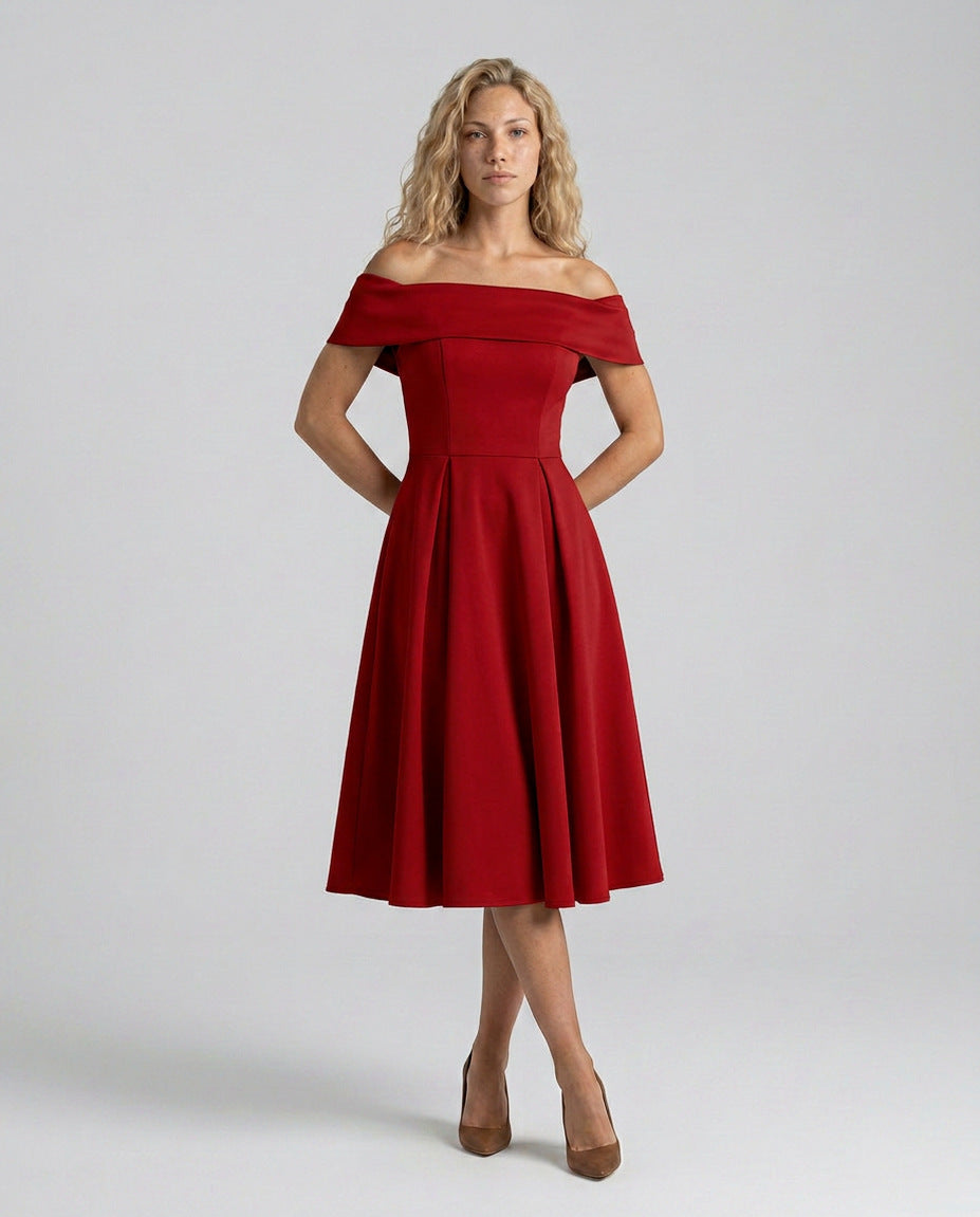Off Shoulder Pleated Midi Dress