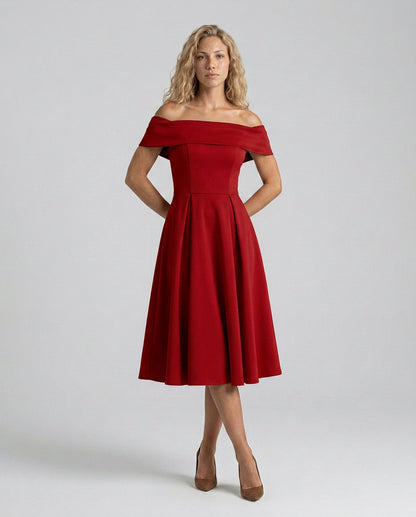 Off Shoulder Pleated Midi Dress