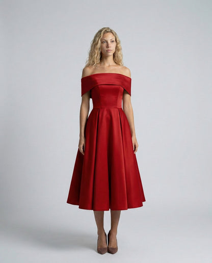 Off Shoulder Pleated Midi Dress