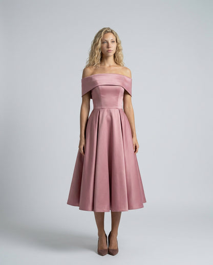 Off Shoulder Pleated Midi Dress