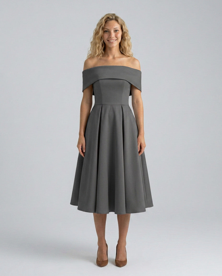 Off Shoulder Pleated Midi Dress