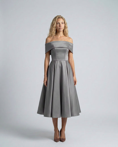 Off Shoulder Pleated Midi Dress