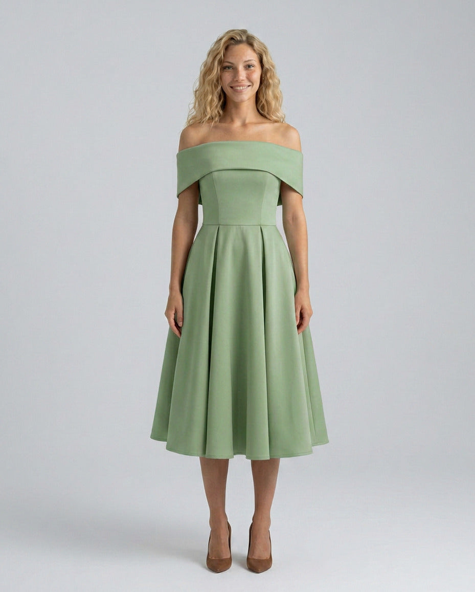 Off Shoulder Pleated Midi Dress