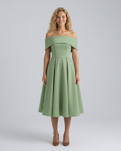 Off Shoulder Pleated Midi Dress