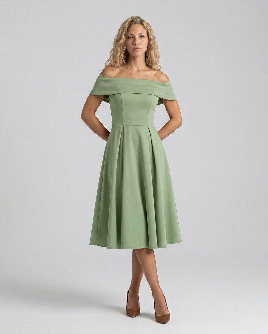 Off Shoulder Pleated Midi Dress