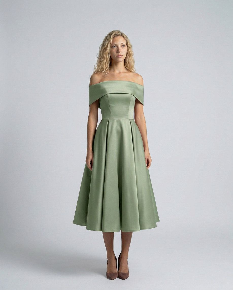 Off Shoulder Pleated Midi Dress
