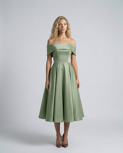 Off Shoulder Pleated Midi Dress
