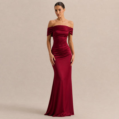 Off Shoulder Satin Maxi Dress