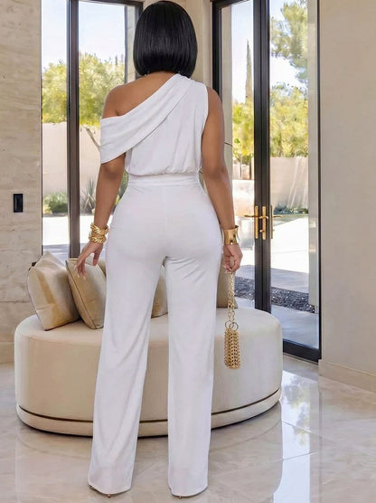 One Shoulder Draped Wide Leg Jumpsuit
