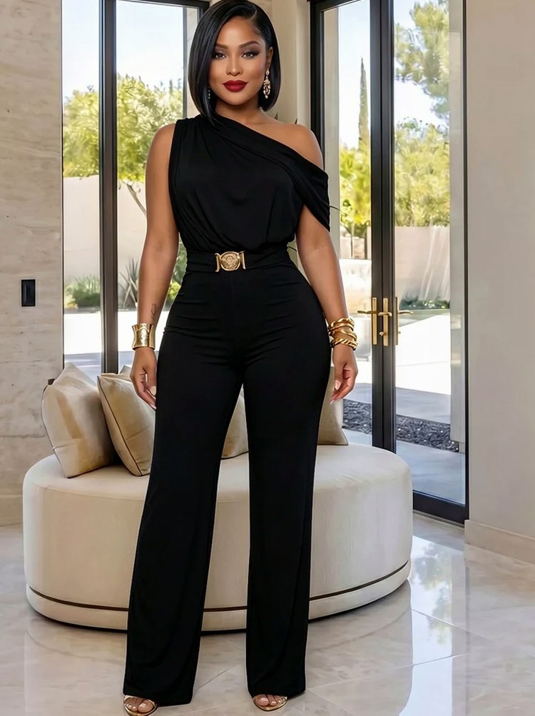 One Shoulder Draped Wide Leg Jumpsuit