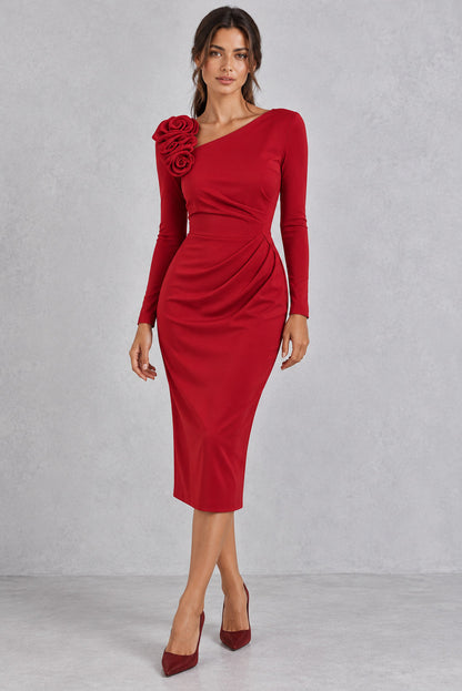 One Shoulder Long Sleeve Rosette Midi Dress