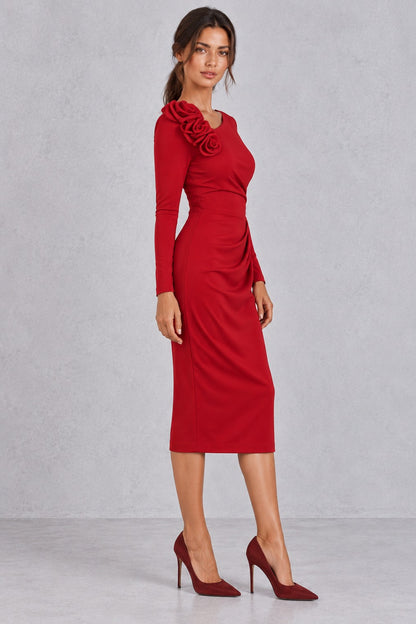 One Shoulder Long Sleeve Rosette Midi Dress